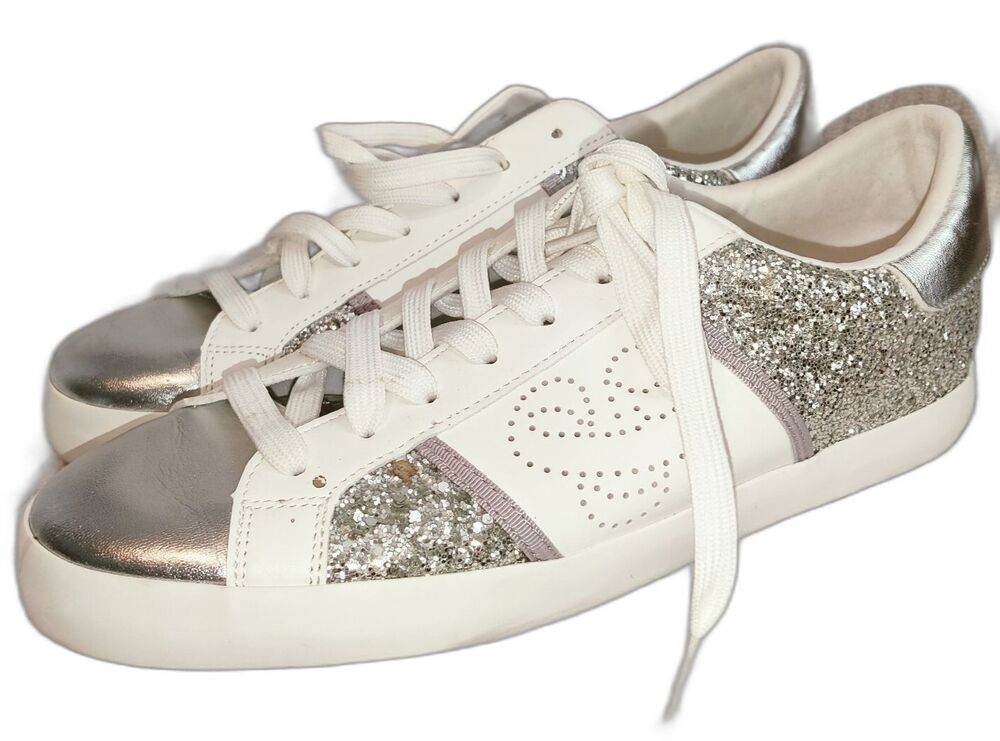 Women's Sam and Libby Sparkle Tennis Shoes, White and Silver Size 10